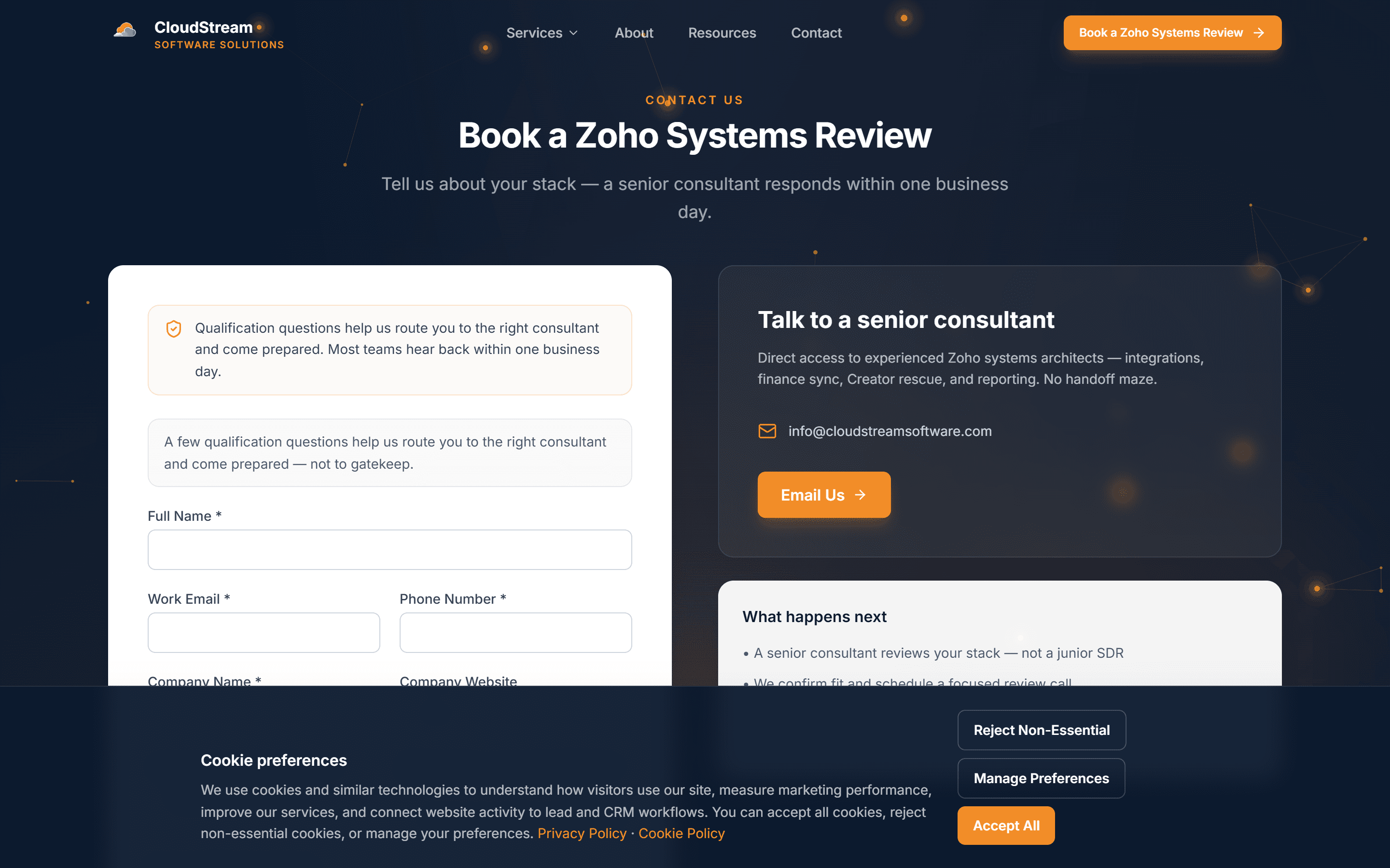 CloudStream contact page presenting the qualification and conversion journey