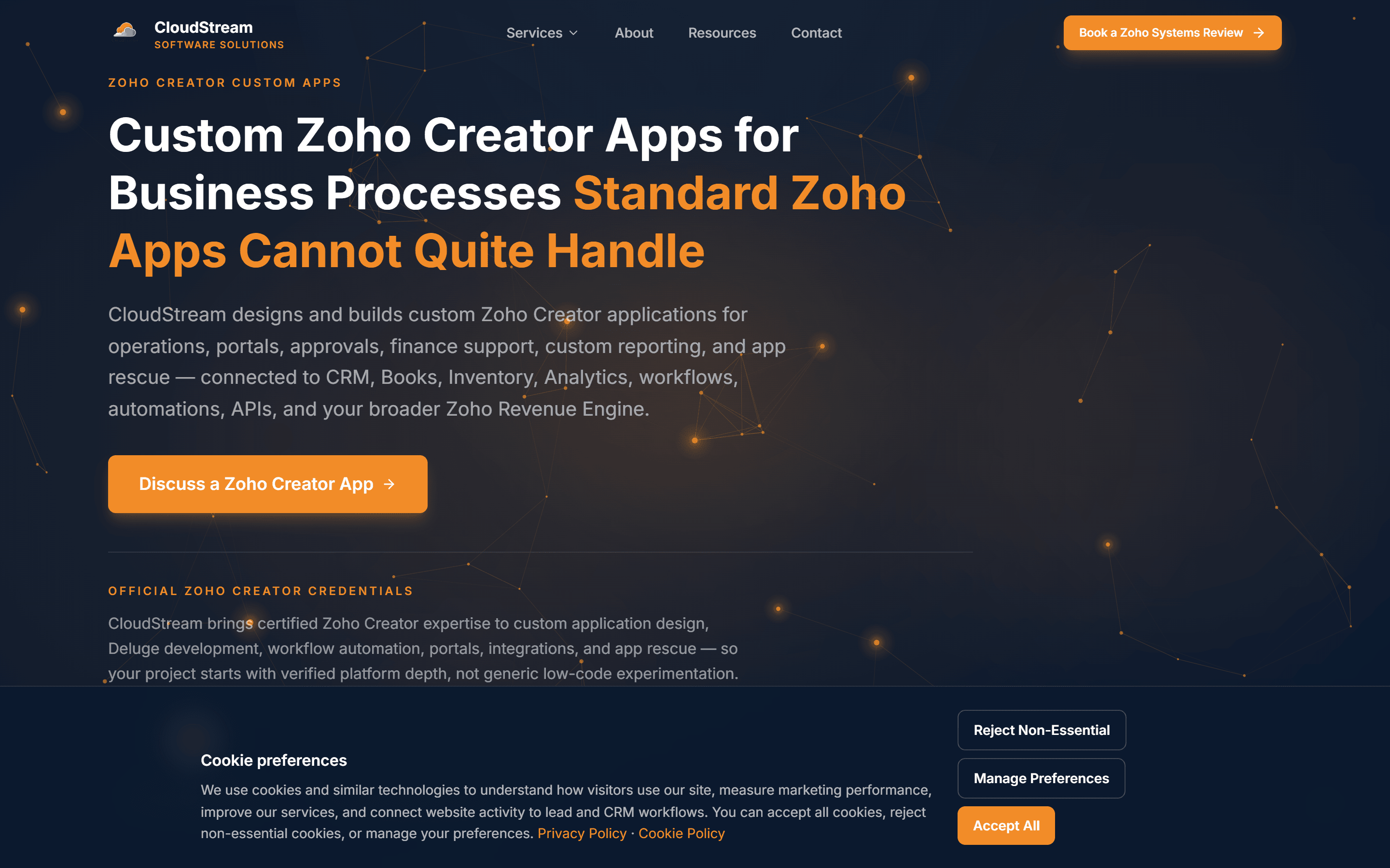 CloudStream custom applications page presenting Zoho Creator work