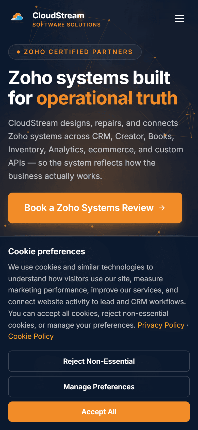 CloudStream mobile experience showing responsive navigation and hero